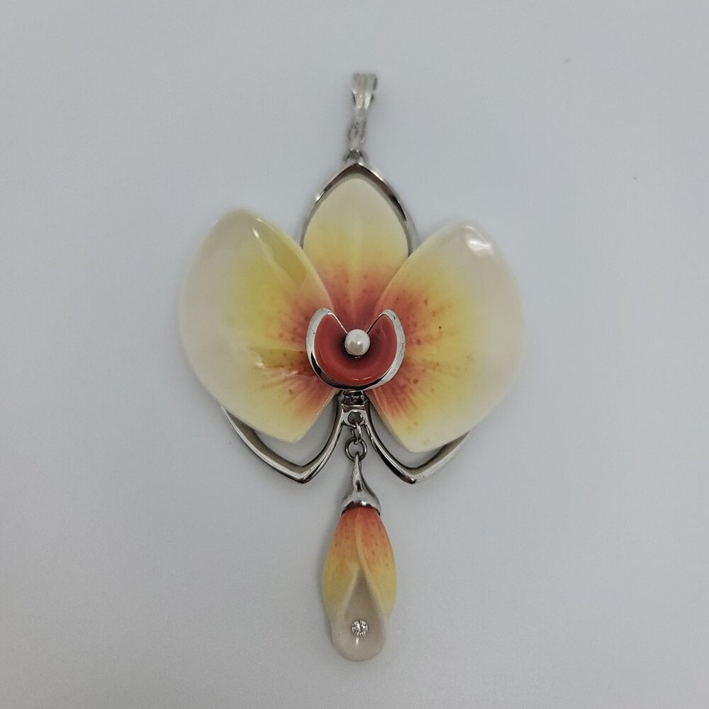 Franz Collection Porcelain Hand Painted Enamel Moth Orchid Pendant